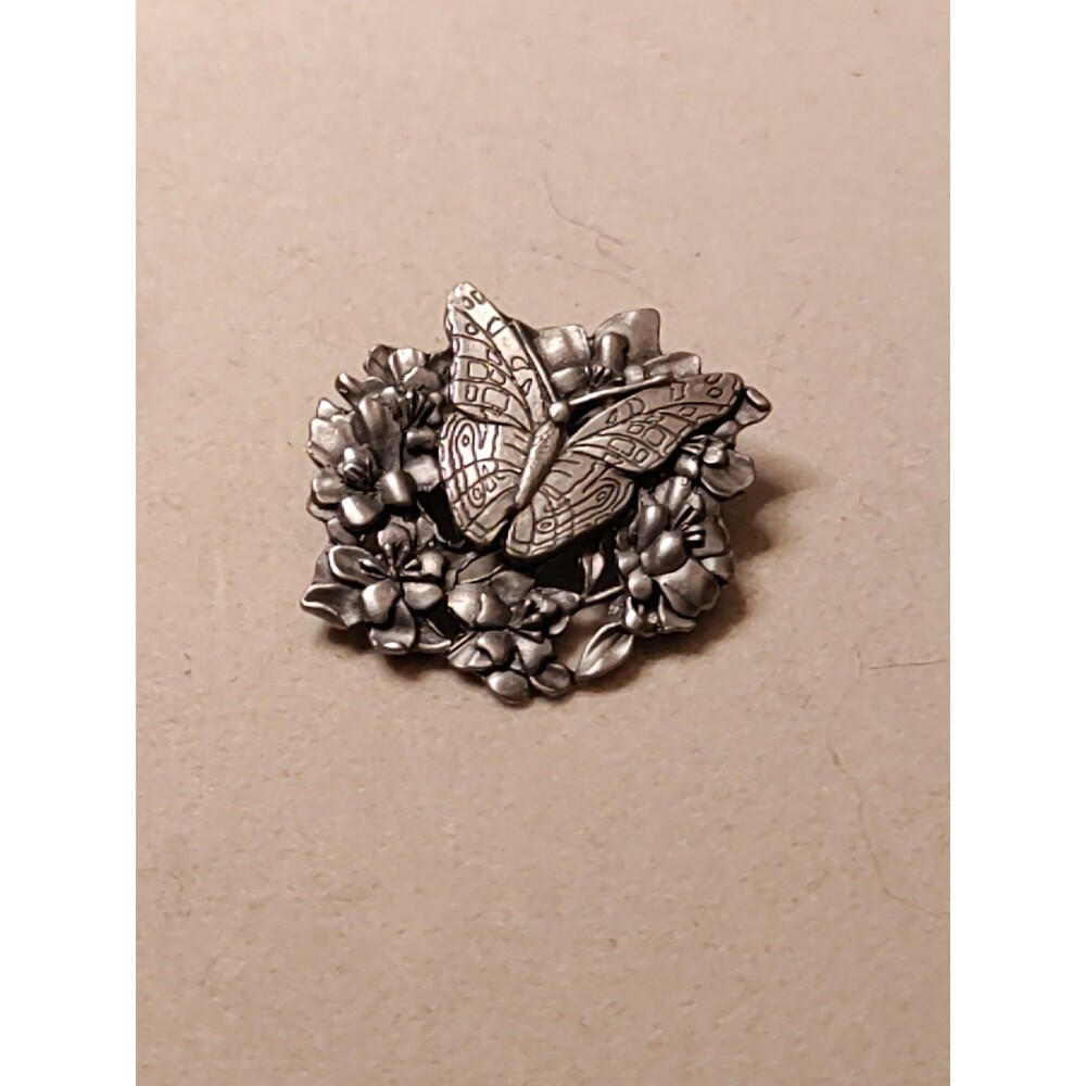 1998 Limited Edition Birds & Blooms Butterfly & Flowers Brooch Pewter